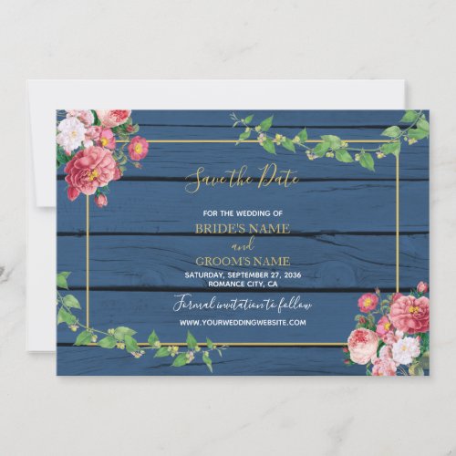 Navy Blue Wood Vintage Pink Roses  Gold Wedding Save The Date