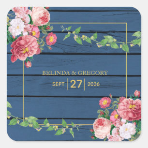 Navy Blue Wood Vintage Pink Roses & Gold Wedding Square Sticker