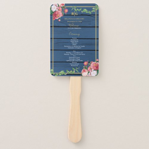 Navy Blue Wood Vintage Roses Gold Wedding Program Hand Fan