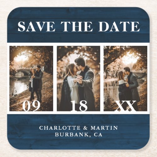Navy Blue Wood Wedding Photo Save The Date Square Paper Coaster