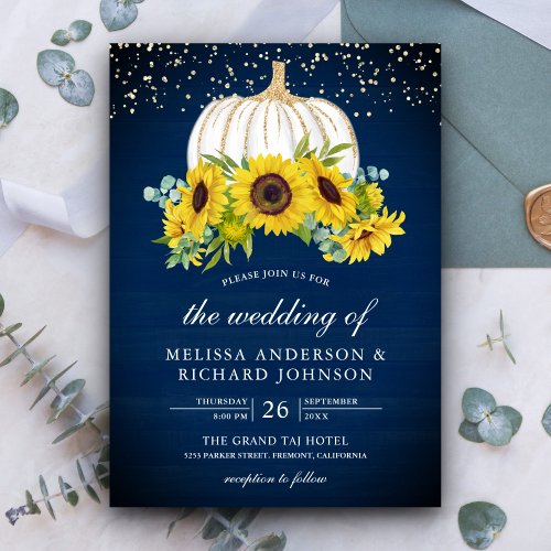 Navy Blue Wood White Pumpkin Sunflowers Wedding Invitation