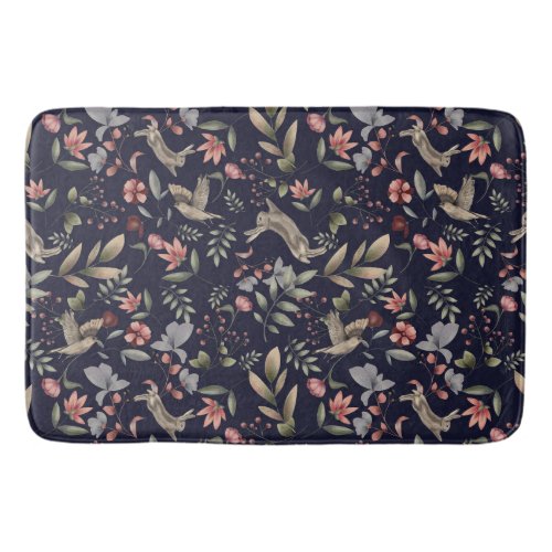 Navy Blue Woodland Animals Floral Leaves Pattern Bath Mat