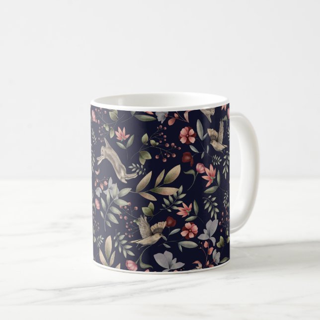 Navy Blue Woodland Animals Floral Leaves Pattern Coffee Mug (Front Right)
