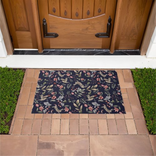 Navy Blue Woodland Animals Floral Leaves Pattern Doormat