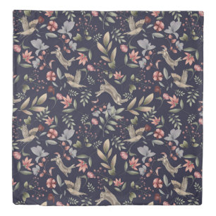 Navy Blue Woodland Animals Floral Leaves Pattern Duvet Cover