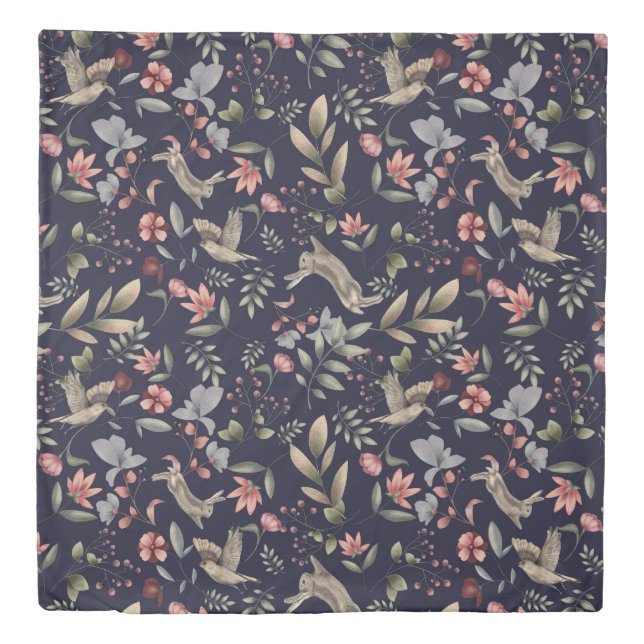 Navy Blue Woodland Animals Floral Leaves Pattern Duvet Cover (Front)