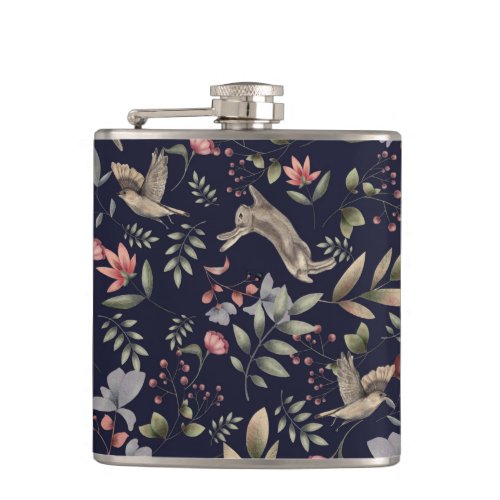 Navy Blue Woodland Animals Floral Leaves Pattern Flask