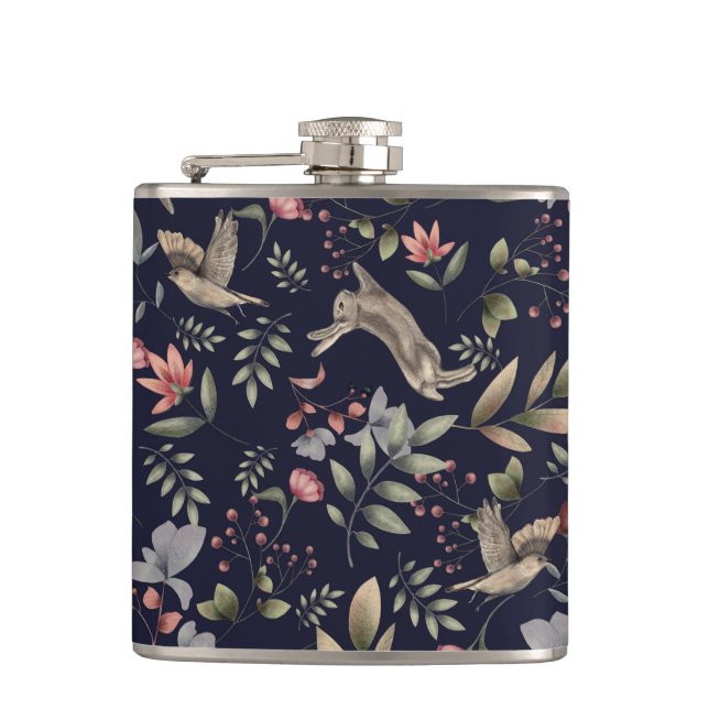 Navy Blue Woodland Animals Floral Leaves Pattern Flask (Front)