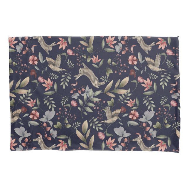 Navy Blue Woodland Animals Floral Leaves Pattern Pillow Case (Front)
