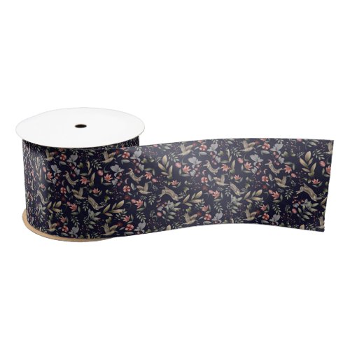 Navy Blue Woodland Animals Floral Leaves Pattern Satin Ribbon