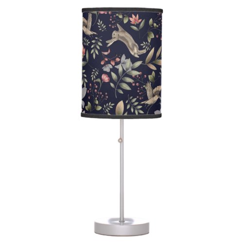 Navy Blue Woodland Animals Floral Leaves Pattern Table Lamp