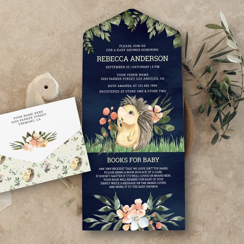 Navy Blue Woodland Cute Hedgehog Baby Shower All In One Invitation