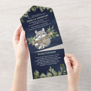 Navy Blue Woodland Cute Raccoon Baby Shower All In One Invitation