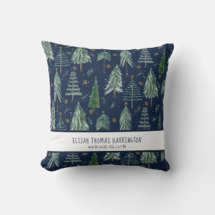Navy Blue Woodland Forest Snowing Baby Birth Stats Throw Pillow