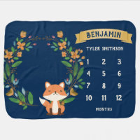 Navy Blue Woodland Fox Monthly Milestone Baby Blanket