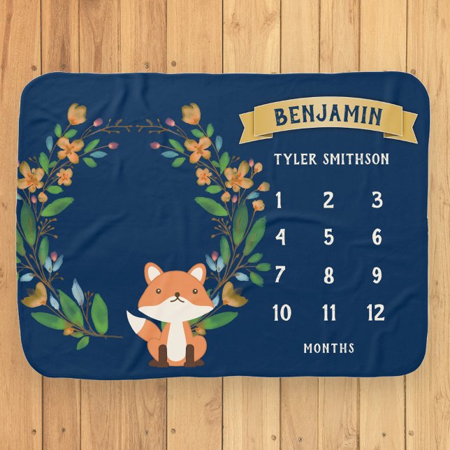Navy Blue Woodland Fox Monthly Milestone Baby Blanket (Creator Uploaded)