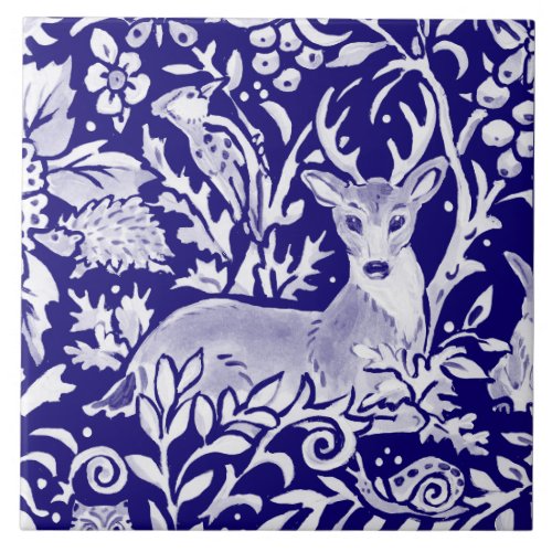 Navy Blue Woodland MURAL Animal Deer Top Left Ceramic Tile