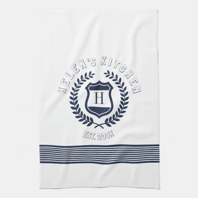 Navy Blue Wreath And Stripes Design Monogram Towel (Vertical)