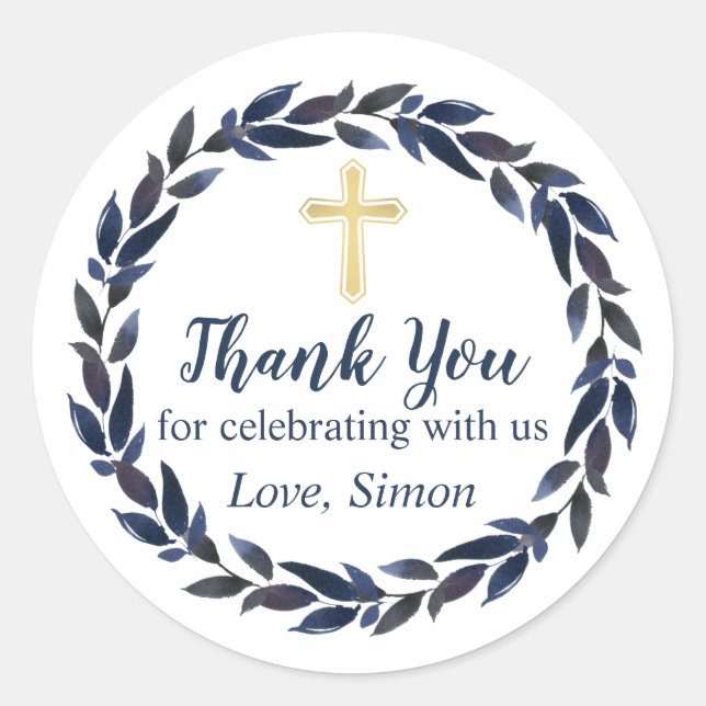 Navy Blue Wreath Gold Communion Thank you Classic Round Sticker (Front)