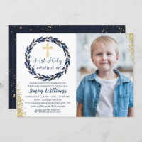 Navy Blue Wreath Gold First Holy Communion Photo Invitation
