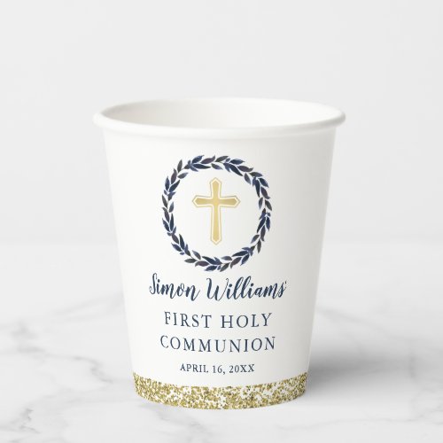 Navy Blue Wreath Gold Glitter 1st Holy Communion Paper Cups