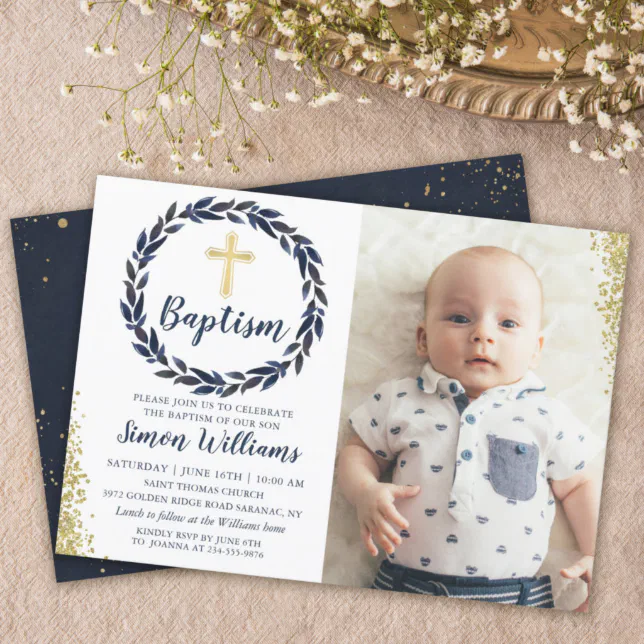 Navy Blue Wreath Gold Glitter Boy Baptism Photo Invitation 