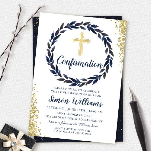 Navy Blue Wreath Gold Glitter Confirmation Invitation