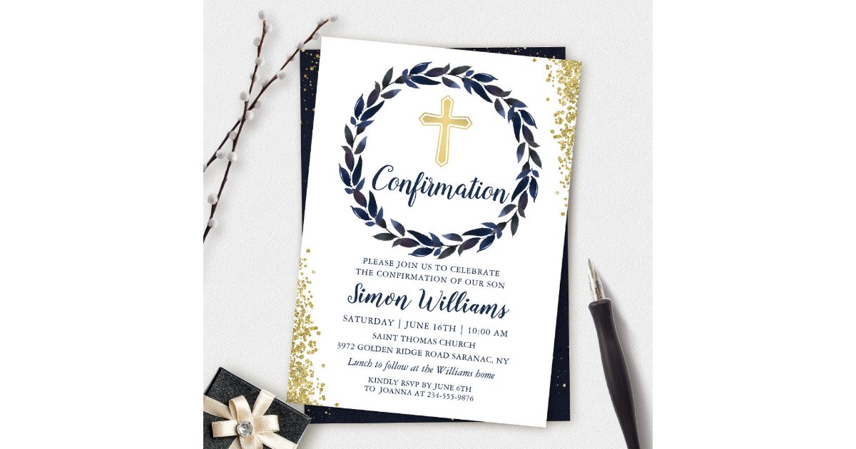 Navy Blue Wreath Gold Glitter Confirmation Invitation | Zazzle