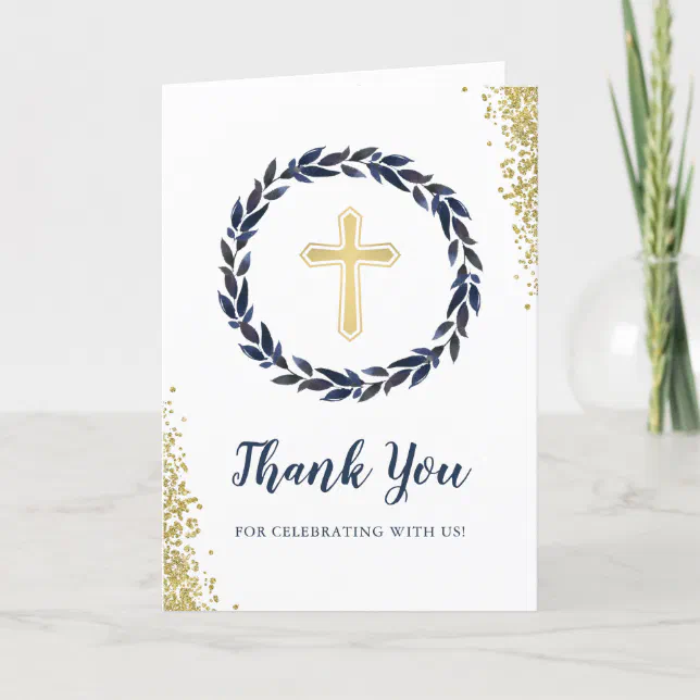 Navy Blue Wreath Gold Glitter Confirmation Photo Thank You Card | Zazzle