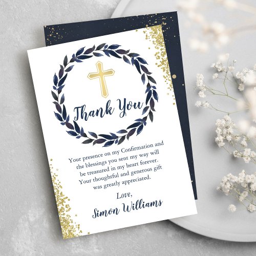 Navy Blue Wreath Gold Glitter Confirmation Thank You Card