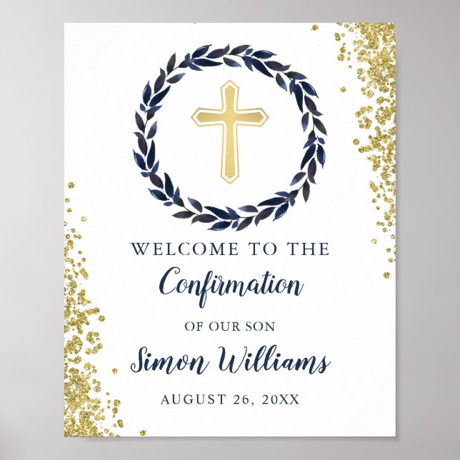 Navy Blue Wreath Gold Glitter Confirmation Welcome Poster (Front)