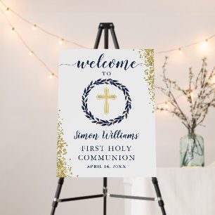 Navy Blue Wreath Gold Glitter First Holy Communion Foam Board
