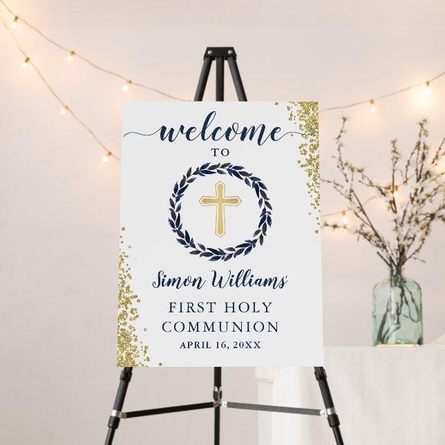 Navy Blue Wreath Gold Glitter First Holy Communion Foam Board (In Situ (Stand))