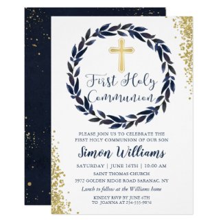 Navy Blue Wreath Gold Glitter First Holy Communion Invitation
