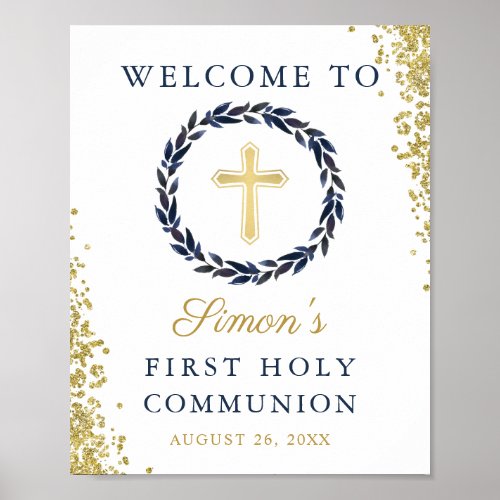Navy Blue Wreath Gold Glitter First Holy Communion Poster