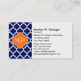 Navy Blue Wt Chevron Pumpkin Quatrefoil 3 Monogram Business Card