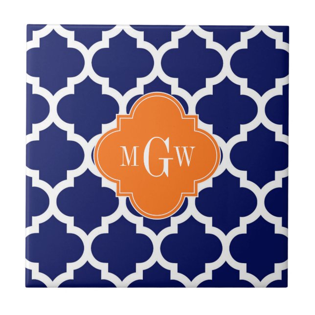 Navy Blue Wt Chevron Pumpkin Quatrefoil 3 Monogram Ceramic Tile (Front)