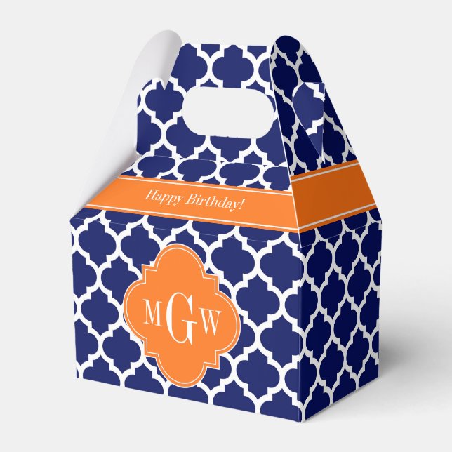 Navy Blue Wt Chevron Pumpkin Quatrefoil 3 Monogram Favor Boxes (Front Side)