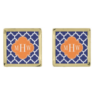 Navy Blue Wt Chevron Pumpkin Quatrefoil 3 Monogram Gold Cufflinks