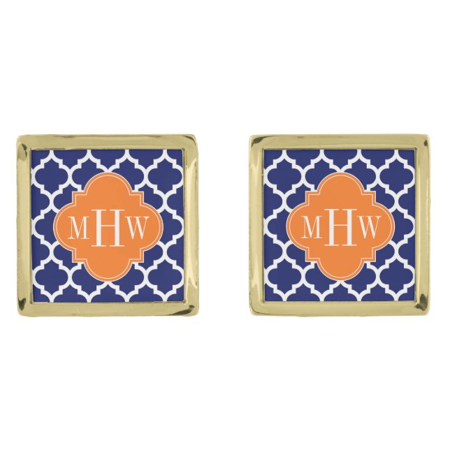 Navy Blue Wt Chevron Pumpkin Quatrefoil 3 Monogram Gold Cufflinks (Front)