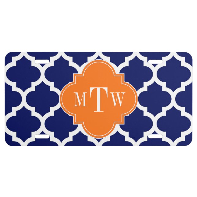 Navy Blue Wt Chevron Pumpkin Quatrefoil 3 Monogram License Plate (Front)