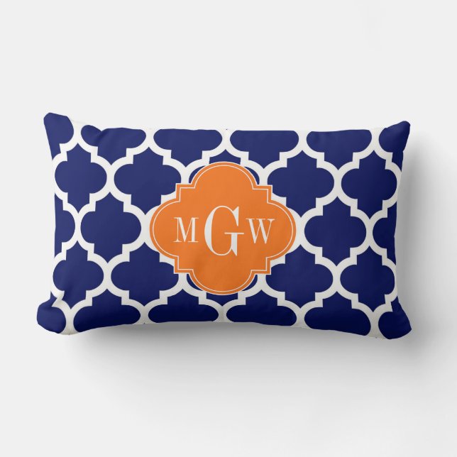 Navy Blue Wt Chevron Pumpkin Quatrefoil 3 Monogram Lumbar Pillow (Front)