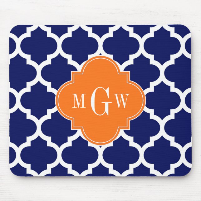 Navy Blue Wt Chevron Pumpkin Quatrefoil 3 Monogram Mouse Pad (Front)