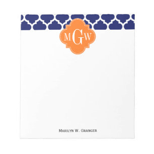 Navy Blue Wt Chevron Pumpkin Quatrefoil 3 Monogram Notepad