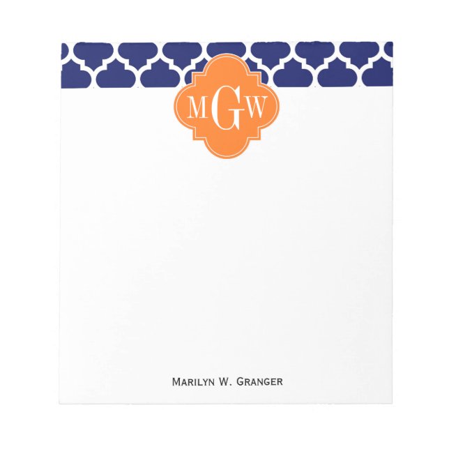 Navy Blue Wt Chevron Pumpkin Quatrefoil 3 Monogram Notepad (Front)