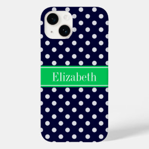 Navy Blue Wt Polka Dot Emerald Green Name Monogram Case-Mate iPhone 14 Case