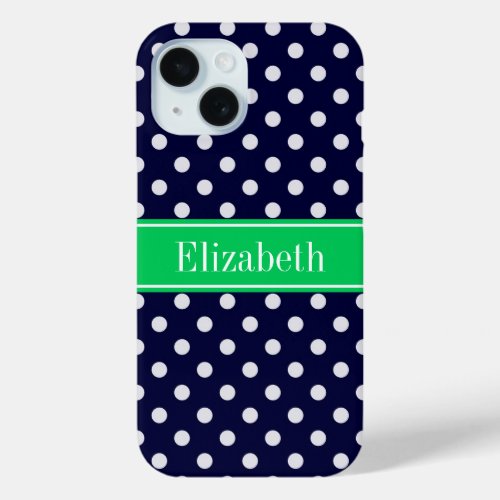 Navy Blue Wt Polka Dot Emerald Green Name Monogram iPhone 15 Case