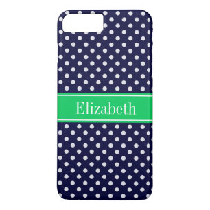 Navy Blue Wt Polka Dot Emerald Green Name Monogram iPhone 8 Plus/7 Plus Case