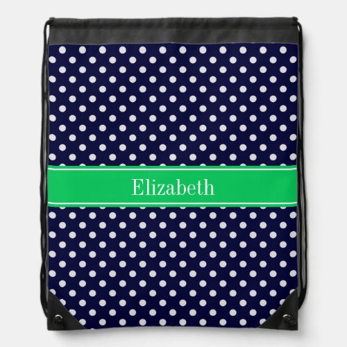 Navy Blue Wt Polka Dot Emerald Green Name Monogram Drawstring Bag