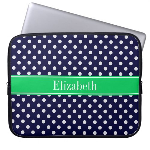 Navy Blue Wt Polka Dot Emerald Green Name Monogram Laptop Sleeve